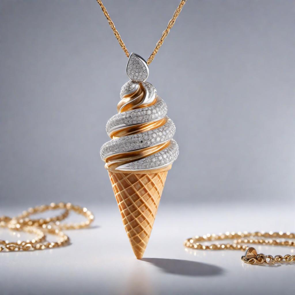  A diamond-encrusted ice cream cone pendant. The pendant should have an intricately designed cone studded with sparkling diamonds. The ice cream part should look like a swirl of ice cream, also covered in diamonds, giving it a luxurious and elegant appearance. The entire pendant should have a shiny and polished finish, reflecting light brilliantly. hyperrealistic, full body, detailed clothing, highly detailed, cinematic lighting, stunningly beautiful, intricate, sharp focus, f/1. 8, 85mm, (centered image composition), (professionally color graded), ((bright soft diffused light)), volumetric fog, trending on instagram, trending on tumblr, HDR 4K, 8K