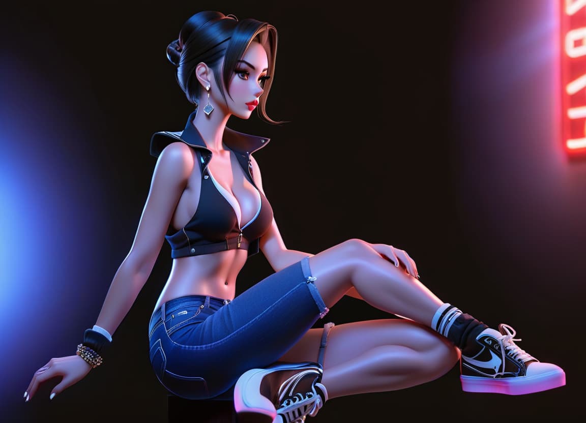  A girl is sitting, her hair in a ponytail, dark hair, wearing denim shorts and white sneakers, a view in profile. hyperrealistic, full body, detailed clothing, highly detailed, cinematic lighting, stunningly beautiful, intricate, sharp focus, f/1. 8, 85mm, (centered image composition), (professionally color graded), ((bright soft diffused light)), volumetric fog, trending on instagram, trending on tumblr, HDR 4K, 8K