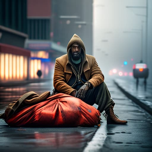 estilovintedois photo about homeless Cinematic Quality hyperrealistic, full body, detailed clothing, highly detailed, cinematic lighting, stunningly beautiful, intricate, sharp focus, f/1. 8, 85mm, (centered image composition), (professionally color graded), ((bright soft diffused light)), volumetric fog, trending on instagram, trending on tumblr, HDR 4K, 8K