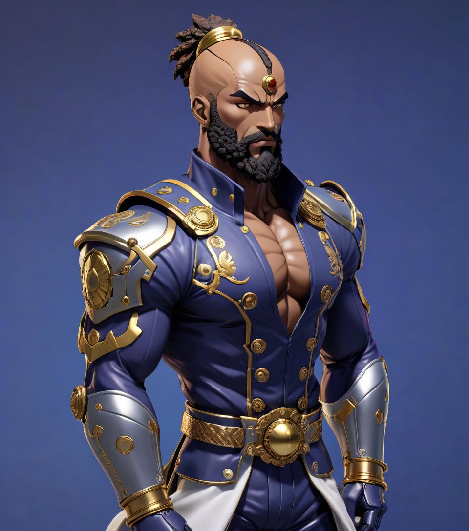  Street Fighter style robot, JoJo's Bizarre Adventure, heroic pose, warhammer, helm, beard, black skin, face hidden, face not visible . vibrant, dynamic, arcade, 2D fighting game, highly detailed, reminiscent of Street Fighter series hyperrealistic, full body, detailed clothing, highly detailed, cinematic lighting, stunningly beautiful, intricate, sharp focus, f/1. 8, 85mm, (centered image composition), (professionally color graded), ((bright soft diffused light)), volumetric fog, trending on instagram, trending on tumblr, HDR 4K, 8K