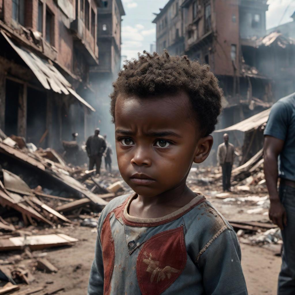  A child looking back to find his black father, but his father is fading away in the mess. The scene is emotional, displaying a sense of loss and confusion. The background is chaotic, symbolizing mess and disorder. The child is the focus, with tears in his eyes and a look of desperation, reaching out. The father is partially transparent and blending into the chaotic background, creating a poignant and heart-wrenching visual. hyperrealistic, full body, detailed clothing, highly detailed, cinematic lighting, stunningly beautiful, intricate, sharp focus, f/1. 8, 85mm, (centered image composition), (professionally color graded), ((bright soft diffused light)), volumetric fog, trending on instagram, trending on tumblr, HDR 4K, 8K