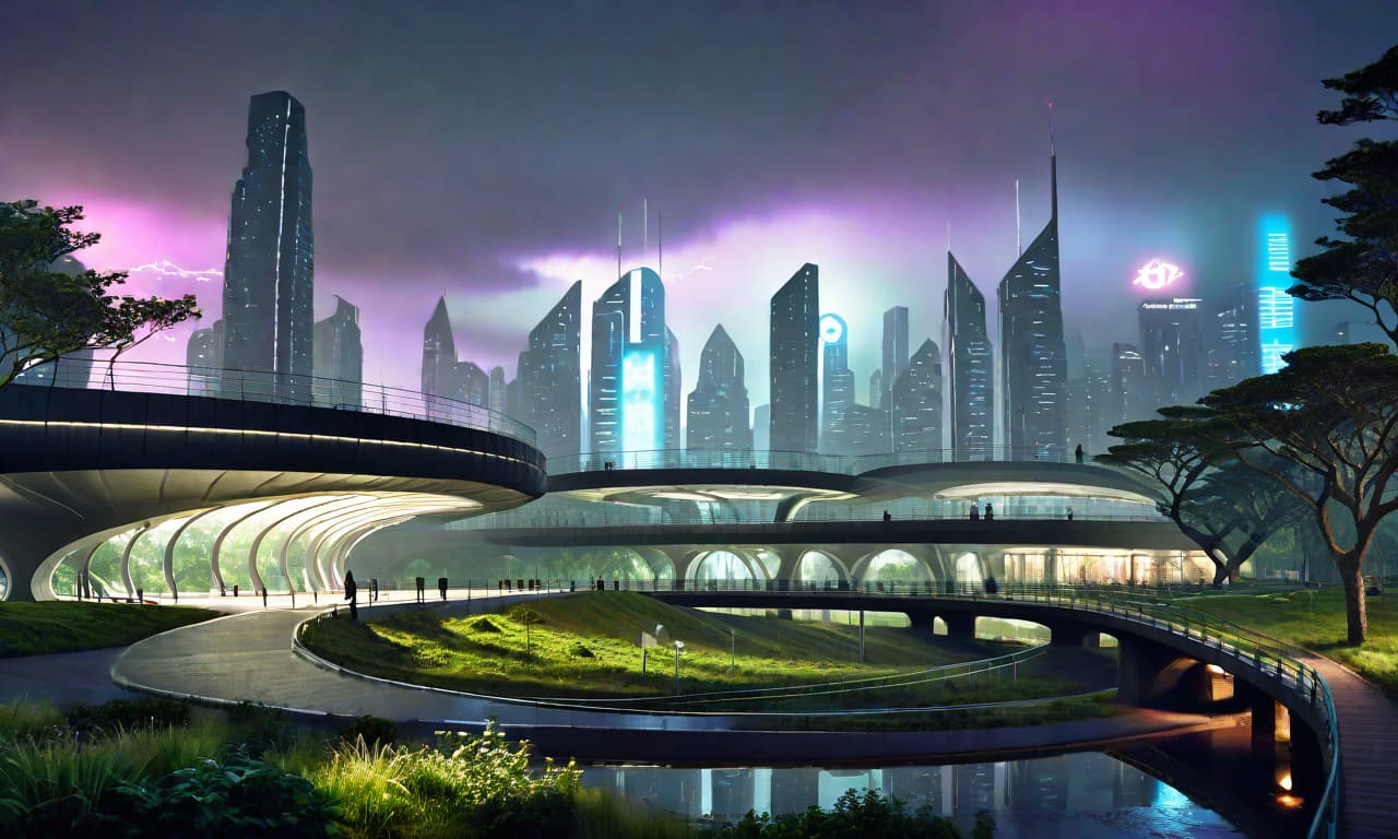  cyberpunk game style A futuristic urban district . Scene Description: Central spine as a green park with leisure activities on top and transportation/shelter below. iconic architectural structures repeatedly. Futuristic, eco friendly urban design. Aesthetics: Dramatic and harmonious blend of nature and technology. dark atmosphere, clear composition, clear lines, fine detail, 4k, trending on artstation, volumetric lighting, background, 16k, high resolution, atmospheric haze, Film grain, cinematic film still, shallow depth of field, highly detailed, moody, epic, photorealistic, atmospheric lighting, volumetric lighting. The technique of painting is simple, cinematic. ethereal lights, mysterious and alluring atmosphere, trending on art galle hyperrealistic, full body, detailed clothing, highly detailed, cinematic lighting, stunningly beautiful, intricate, sharp focus, f/1. 8, 85mm, (centered image composition), (professionally color graded), ((bright soft diffused light)), volumetric fog, trending on instagram, trending on tumblr, HDR 4K, 8K