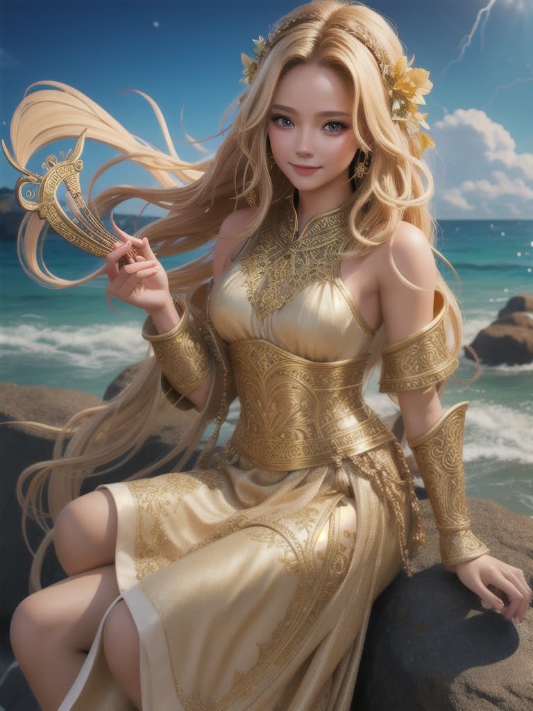  concept art lyre, stringed instrument, nymph, smile, long blond hair, messy hair, leaf in hair, toga, long dress, sitting on rock, storm, ocean, lightning, crows, black feathers front view, , , photorealistic, raw photo, (1girl, looking at viewer), long hair, bare white shoulders , intricate armor, carved wood filigree, intricate filigree, gold metalic parts, detailed part, dynamic pose, detailed background, dynamic lighting,(textured skin:1.3). digital artwork, illustrative, painterly, matte painting, highly detailed