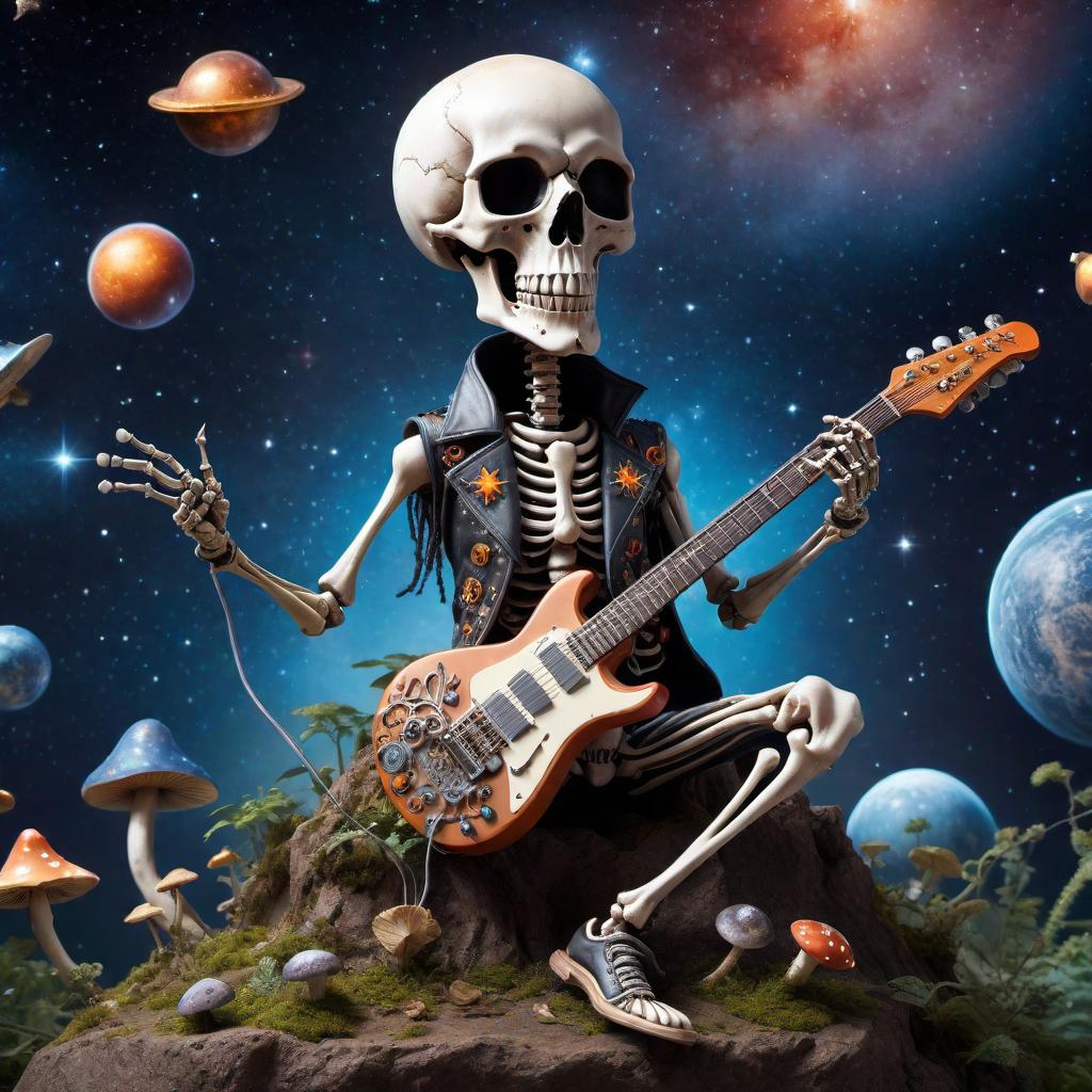  A cartoon skeleton with short cartoon-style dreadlocks growing from the top of his head, playing an electric guitar while sitting on a mushroom, and wearing a wizard hat, all set in outer space with stars and planets in the background. hyperrealistic, full body, detailed clothing, highly detailed, cinematic lighting, stunningly beautiful, intricate, sharp focus, f/1. 8, 85mm, (centered image composition), (professionally color graded), ((bright soft diffused light)), volumetric fog, trending on instagram, trending on tumblr, HDR 4K, 8K