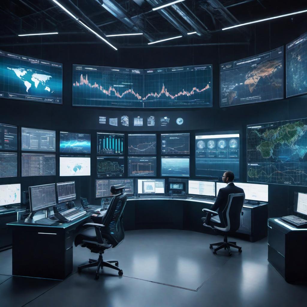  A futuristic scene showcasing an AI-driven management firm overseeing various global industries. The setting includes a large control room with holographic screens displaying real-time data of different sectors such as technology, finance, healthcare, agriculture, and manufacturing. The AI system is depicted with a sleek, transparent humanoid form, surrounded by charts, graphs, and global maps illustrating gains and losses. The atmosphere is dynamic, high-tech, and sophisticated, highlighting the efficiency and control of AI in managing the world's economies. hyperrealistic, full body, detailed clothing, highly detailed, cinematic lighting, stunningly beautiful, intricate, sharp focus, f/1. 8, 85mm, (centered image composition), (professionally color graded), ((bright soft diffused light)), volumetric fog, trending on instagram, trending on tumblr, HDR 4K, 8K