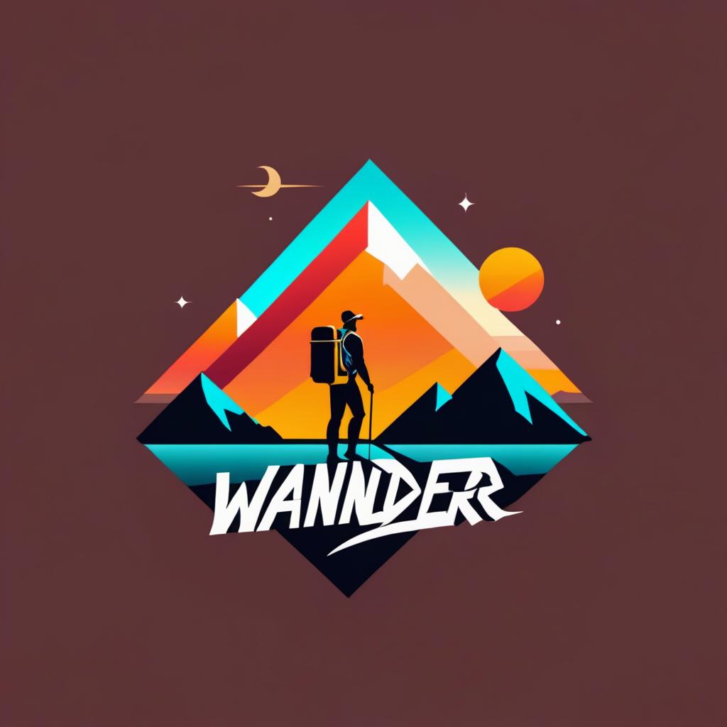  Logo, (geometric style), „Wanderer“ auf dem Weg in die Berge bei Sonnenaufgang