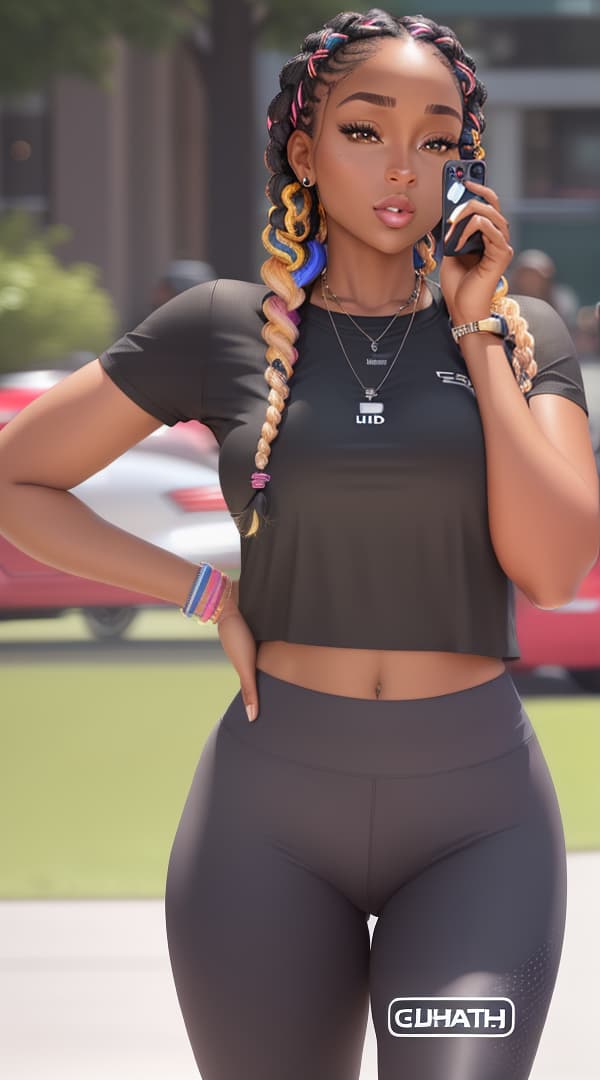  A confident black woman with intricate braids, clad in a stylish black T-shirt and form-fitting leggings, proudly showcases her phone in a dynamic and vibrant neighborhood scene, captured in stunning UHD quality. The bustling streets, colorful homes, and lively atmosphere exude a sense of community and urban charm., hyperrealistic, high quality, highly detailed, perfect lighting, intricate, sharp focus, f/1. 8, 85mm, (centered image composition), (professionally color graded), ((bright soft diffused light)), trending on instagram, HDR 4K, 8K