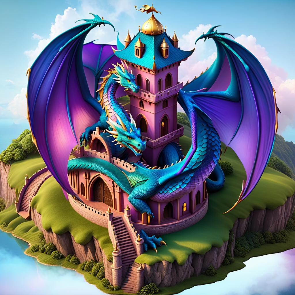  ethereal fantasy concept art of (Background): Blue sky. In the sky there is a green island. A castle with a scaly roof rises in the centre of the island. A large dragon is curled around the castle. He is its caring guardian. Foreground. (Dragon):Appearance: a peacefully slumbering dragon, hugging the castle with its wings. (Colour of scales and wings):blue, smoothly passing to pink violet wings with golden scales on the end. . magnificent, celestial, ethereal, painterly, epic, majestic, magical, fantasy art, cover art, dreamy hyperrealistic, full body, detailed clothing, highly detailed, cinematic lighting, stunningly beautiful, intricate, sharp focus, f/1. 8, 85mm, (centered image composition), (professionally color graded), ((bright soft diffused light)), volumetric fog, trending on instagram, trending on tumblr, HDR 4K, 8K