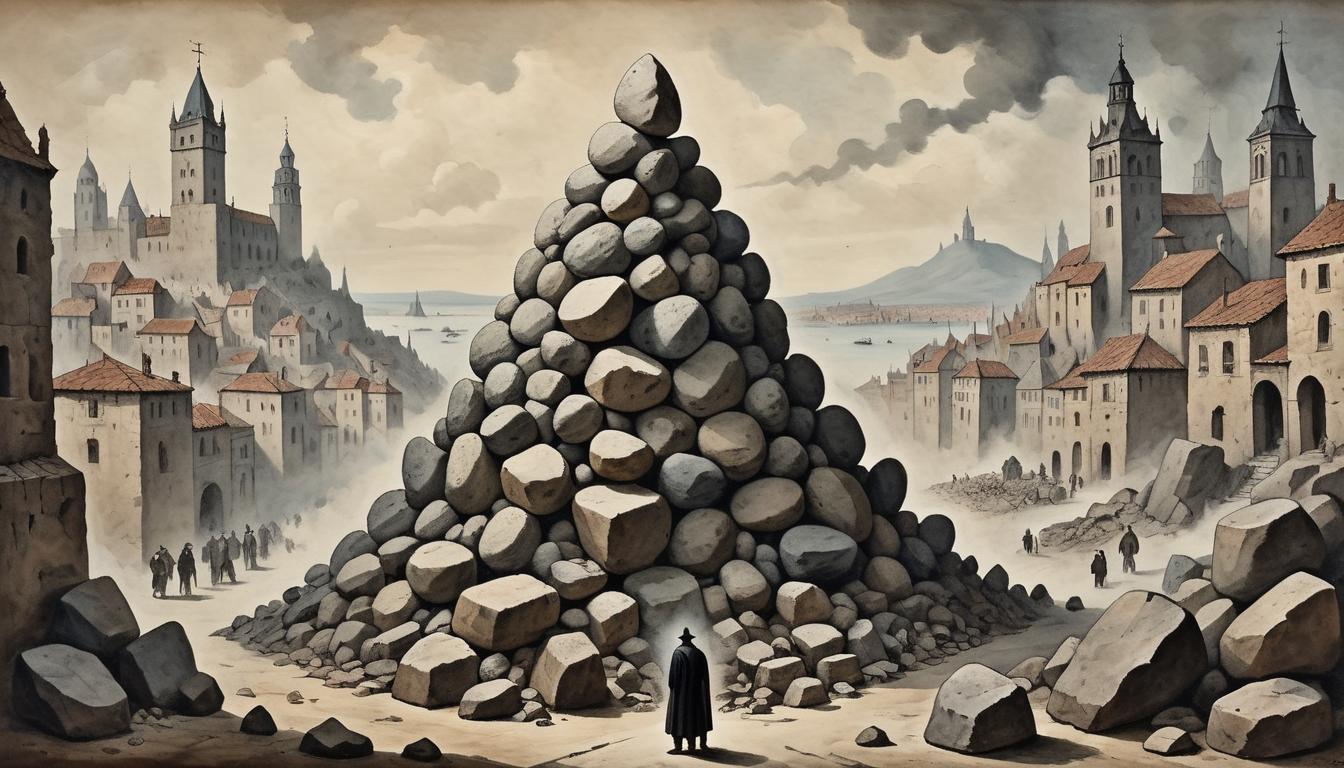  on parchment, surrealism+++, A figure with a shadowed face, standing under the weight of large stones piled on their back, juxtaposed with the backdrop of a crowded, indifferent cityscape, sense of pressure, resistance, isolation(mysterious, provocative, symbolic,muted color)+++