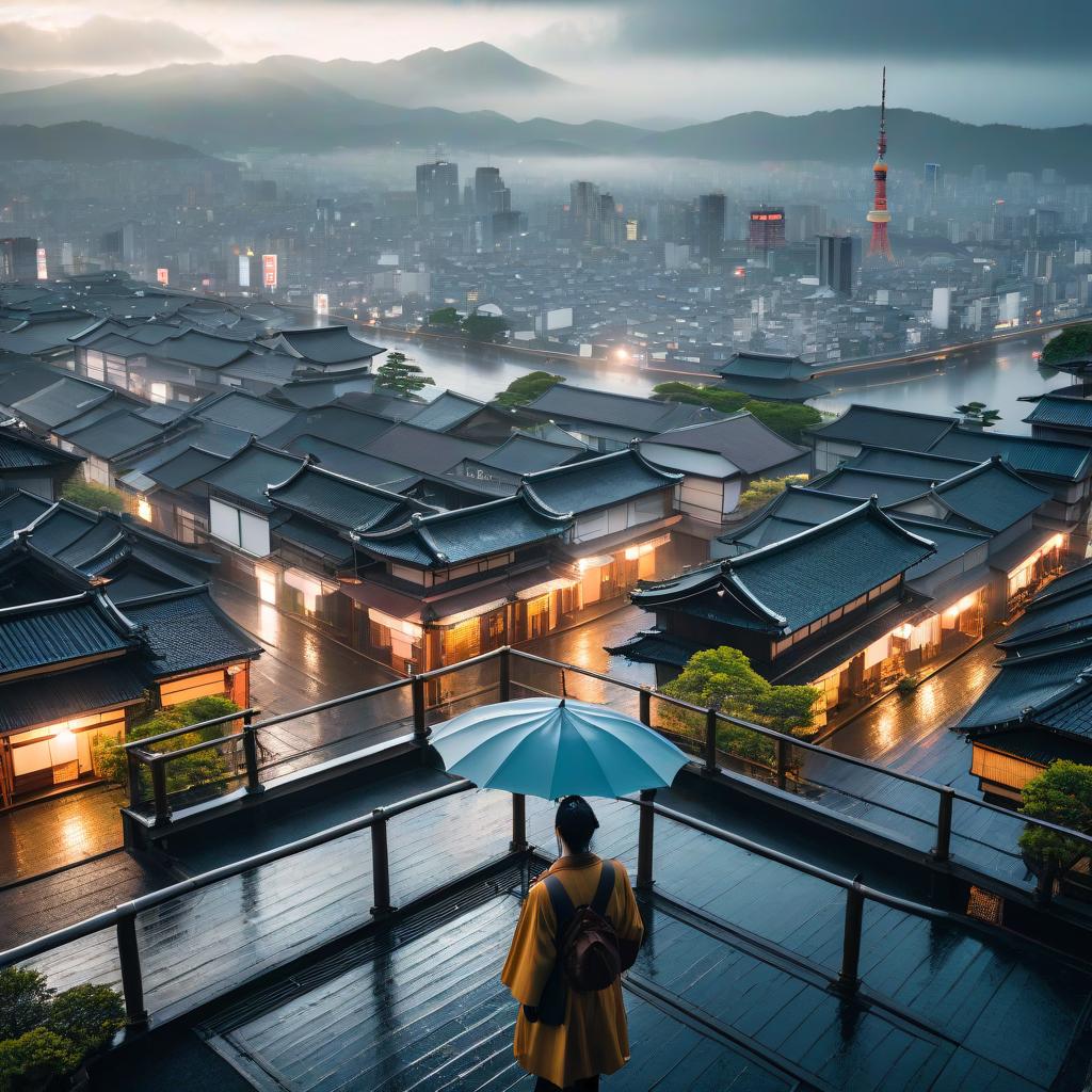  cinematic photo Over a Japanese city, a view from the rooftop during rain. . 35mm photograph, film, bokeh, professional, 4k, highly detailed hyperrealistic, full body, detailed clothing, highly detailed, cinematic lighting, stunningly beautiful, intricate, sharp focus, f/1. 8, 85mm, (centered image composition), (professionally color graded), ((bright soft diffused light)), volumetric fog, trending on instagram, trending on tumblr, HDR 4K, 8K