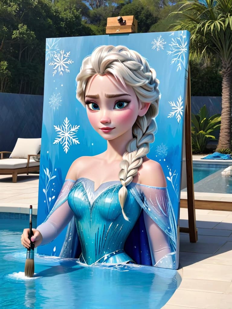  Elsa from frozen at a pool getting painted