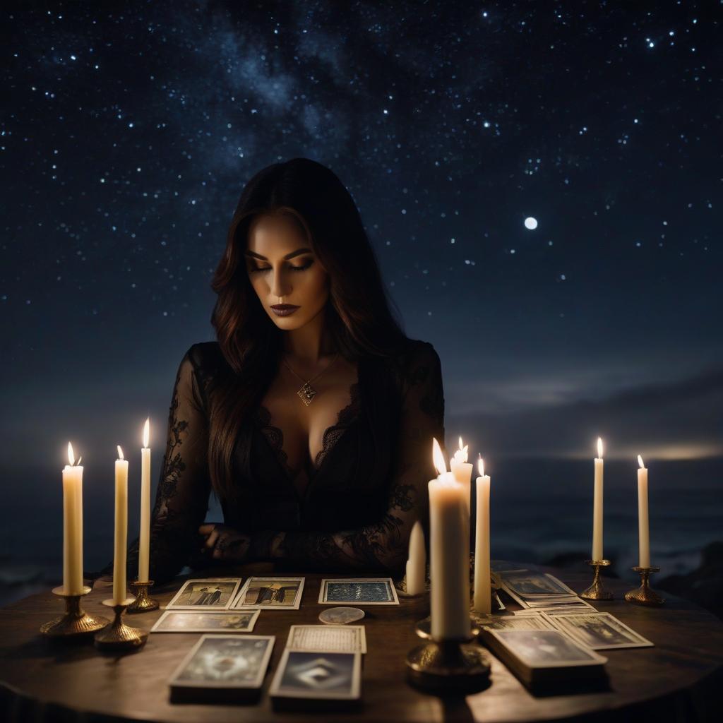  Collage, silhouette of a girl, Tarot cards, candles, starry sky hyperrealistic, full body, detailed clothing, highly detailed, cinematic lighting, stunningly beautiful, intricate, sharp focus, f/1. 8, 85mm, (centered image composition), (professionally color graded), ((bright soft diffused light)), volumetric fog, trending on instagram, trending on tumblr, HDR 4K, 8K