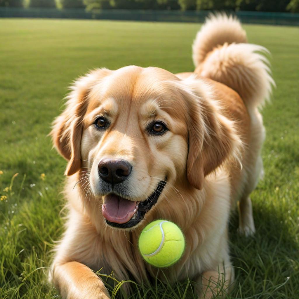  A realistic drawing of a cute golden retriever dog playing with a tennis ball in a grassy park on a sunny day. hyperrealistic, full body, detailed clothing, highly detailed, cinematic lighting, stunningly beautiful, intricate, sharp focus, f/1. 8, 85mm, (centered image composition), (professionally color graded), ((bright soft diffused light)), volumetric fog, trending on instagram, trending on tumblr, HDR 4K, 8K