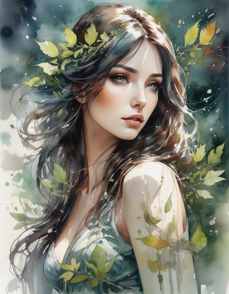  A watercolor illustration of a woman with flowing hair adorned with leaves, gazing intently, with splashes of color around her. by Albert Robida and Alice Pasquini and Luis Royo, watercolour masterpiece, l Digital watercolor Illustration Waterhouse, Carne Griffiths, Minjae Lee, Ana Paula Hoppe, Stylized watercolor art, Intricate, Complex contrast, HDR, Sharp, soft Cinematic Volumetric lighting, seasonal colors, perfect wide long shot visual masterpiece hyperrealistic, full body, detailed clothing, highly detailed, cinematic lighting, stunningly beautiful, intricate, sharp focus, f/1. 8, 85mm, (centered image composition), (professionally color graded), ((bright soft diffused light)), volumetric fog, trending on instagram, trending on tumblr, HDR 4K, 8K