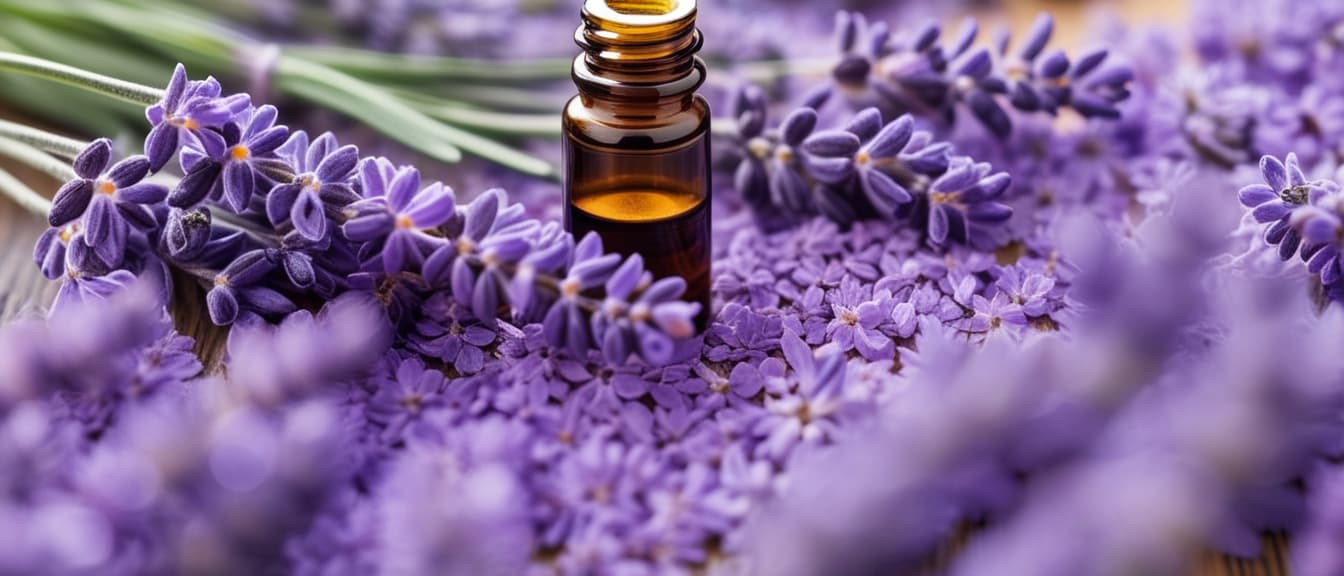  Macro Photography, Lavender flowers and essential oil bottle. Concept of aromatherapy, natural wellness, close up, macro 100mm, macro photography