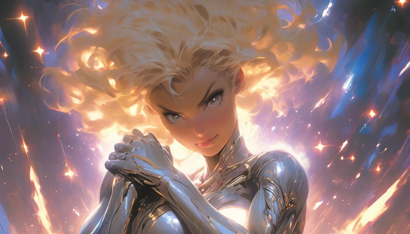  hyperrealism,fantasy aesthetic1woman, large busted attractive blonde arian female humanoid, touching hearts, serene expression, starry background, high tech clothing clad in sleek, futuristic costume with metallic accents and form fitting designs, marvel superhero comics style, unreal engine rendering