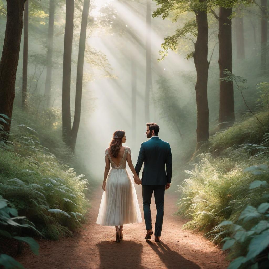  A couple labeled 'Aries' and 'Capricorn,' walking hand-in-hand through a serene, wooded area. The scene captures a relaxed, intimate moment between them. The image should have a dreamy, fantasy lo-fi aesthetic, with soft muted colors, grainy textures, warm lighting, whimsical elements like glowing fairy lights, ethereal mist, and sparkles. The overall vibe should be calm, nostalgic, and magical. hyperrealistic, full body, detailed clothing, highly detailed, cinematic lighting, stunningly beautiful, intricate, sharp focus, f/1. 8, 85mm, (centered image composition), (professionally color graded), ((bright soft diffused light)), volumetric fog, trending on instagram, trending on tumblr, HDR 4K, 8K