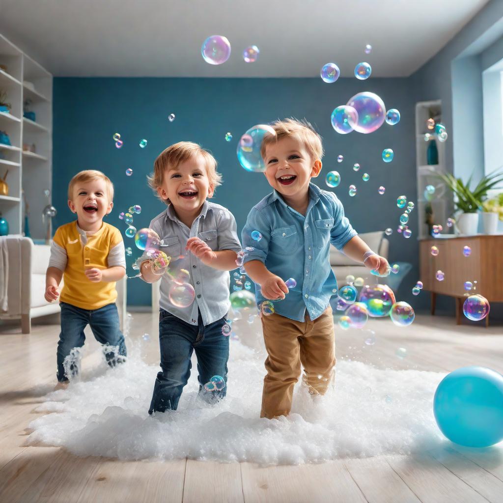  Two boys in a , one 5 and a younger brother, happily playing with bubbles and toys. The room has bright, cheerful colors with a lot of foam and splashing water. The boys are laughing and seem to be having a great time. hyperrealistic, full body, detailed clothing, highly detailed, cinematic lighting, stunningly beautiful, intricate, sharp focus, f/1. 8, 85mm, (centered image composition), (professionally color graded), ((bright soft diffused light)), volumetric fog, trending on instagram, trending on tumblr, HDR 4K, 8K