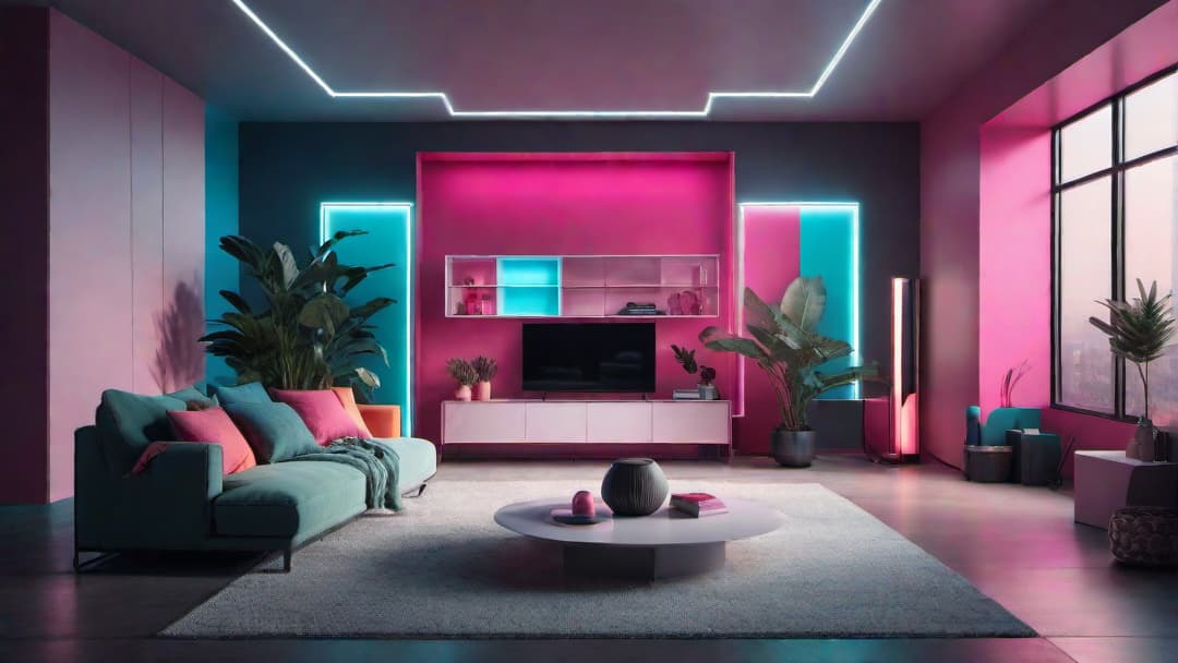  Create a vibrant scene of a living room with neon glow and bright colors typical of 80's home interior design. Include elements like neon signs, bold geometric patterns, mirrored surfaces, and neon accessories. Think of incorporating shades of hot pink, electric blue, neon green, and bright orange. Emphasize the retro aesthetic and futuristic appeal of 80's home decor. additional guidelines  hyperrealistic, full body, detailed clothing, highly detailed, cinematic lighting, stunningly beautiful, intricate, sharp focus, f/1. 8, 85mm, (centered image composition), (professionally color graded), ((bright soft diffused light)), volumetric fog, trending on instagram, trending on tumblr, HDR 4K, 8K