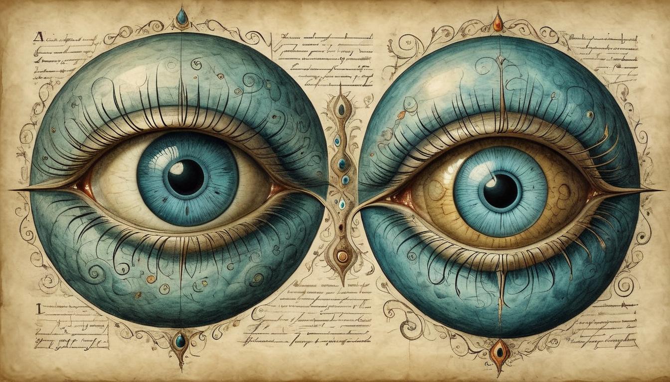  on parchment, surrealism+++, A pair of human eyes turned inward, showing detailed and glowing internal organs, pulsing with subtle energy, intricate, introspective, mystical(mysterious, provocative, symbolic,muted color)+++