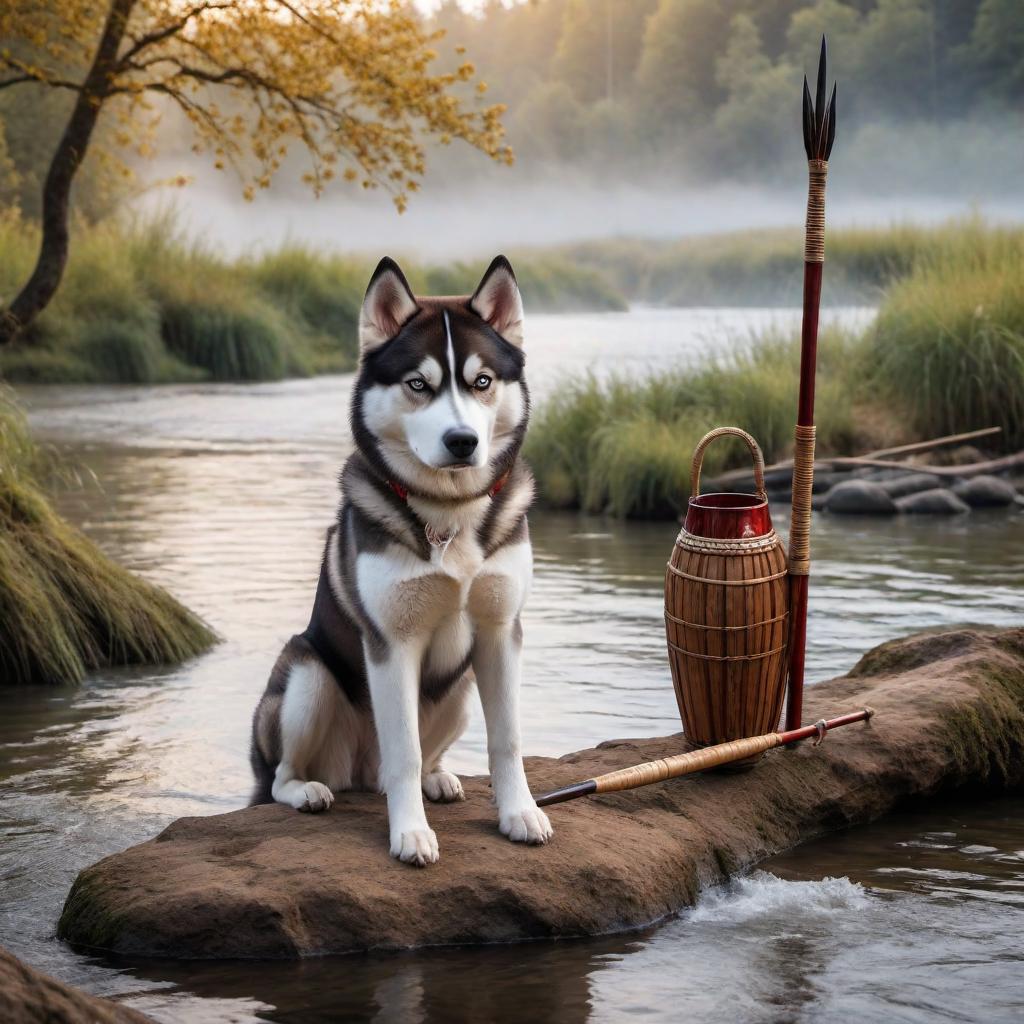  A red and white Siberian husky looking and waiting by the river for his owner as he surfaces with food caught with a spear. hyperrealistic, full body, detailed clothing, highly detailed, cinematic lighting, stunningly beautiful, intricate, sharp focus, f/1. 8, 85mm, (centered image composition), (professionally color graded), ((bright soft diffused light)), volumetric fog, trending on instagram, trending on tumblr, HDR 4K, 8K