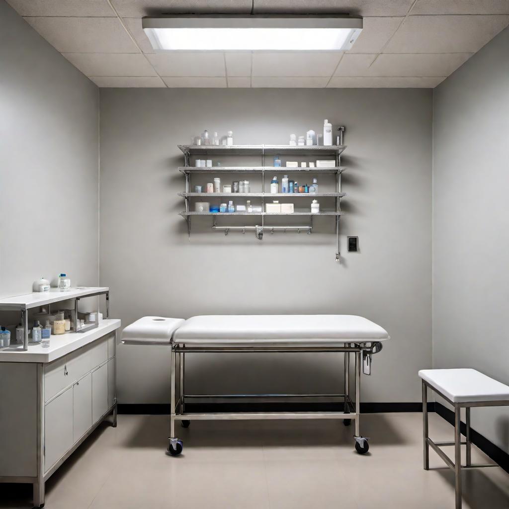  The interior of a small, low-budget embalming room. The space is modest and practical, with just the essentials. A simple embalming table is centered in the room, surrounded by plain, functional equipment. The walls are sparsely decorated, perhaps with white paint or slightly worn tiles. Basic shelving units hold necessary embalming supplies. There's a minimalistic industrial sink in one corner and a small counter with essential tools. The lighting is basic but adequate, providing sufficient illumination without any frills. The overall atmosphere is utilitarian, reflecting budget constraints. hyperrealistic, full body, detailed clothing, highly detailed, cinematic lighting, stunningly beautiful, intricate, sharp focus, f/1. 8, 85mm, (centered image composition), (professionally color graded), ((bright soft diffused light)), volumetric fog, trending on instagram, trending on tumblr, HDR 4K, 8K