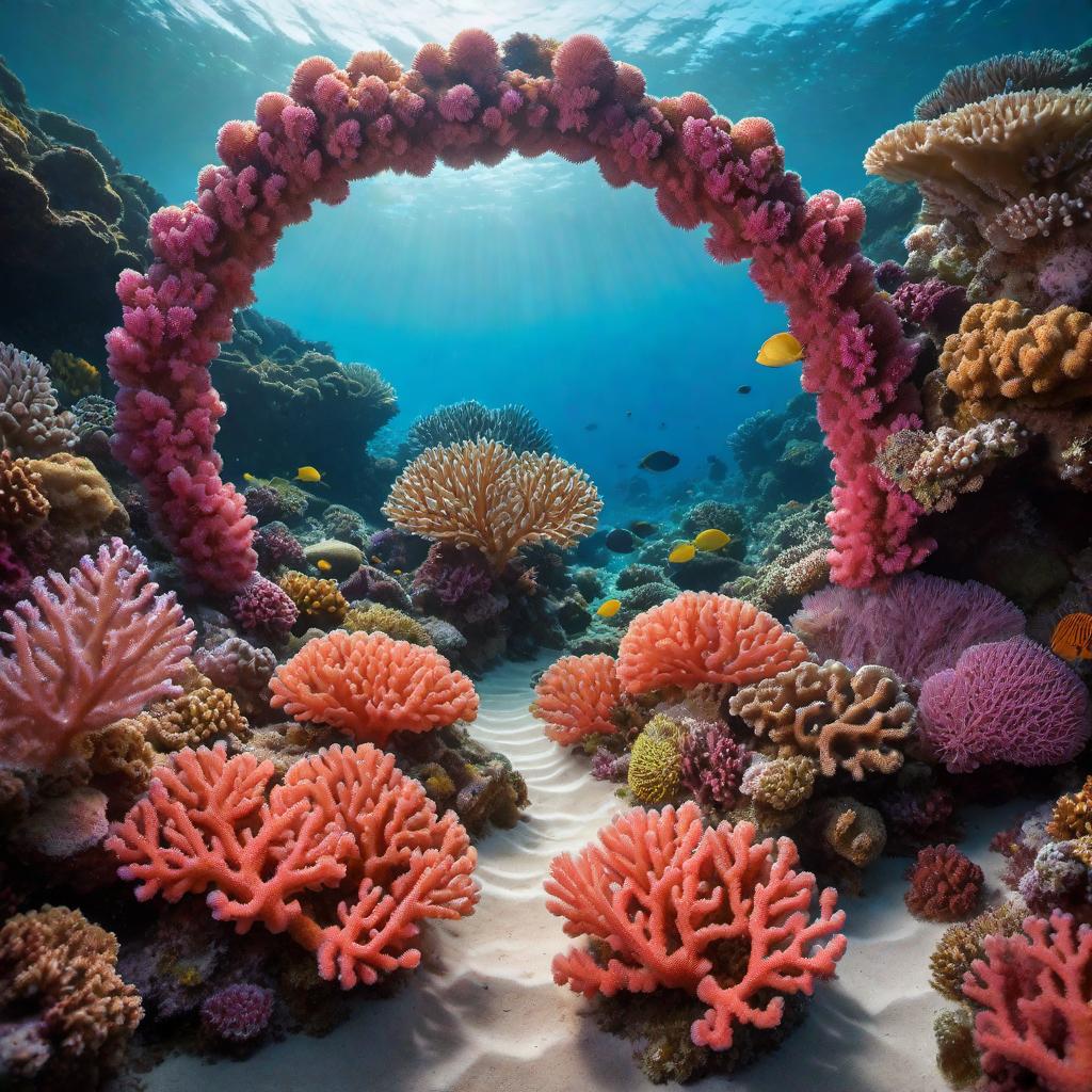  A glowing path with colorful sea coral, leading through a circular neon portal hyperrealistic, full body, detailed clothing, highly detailed, cinematic lighting, stunningly beautiful, intricate, sharp focus, f/1. 8, 85mm, (centered image composition), (professionally color graded), ((bright soft diffused light)), volumetric fog, trending on instagram, trending on tumblr, HDR 4K, 8K