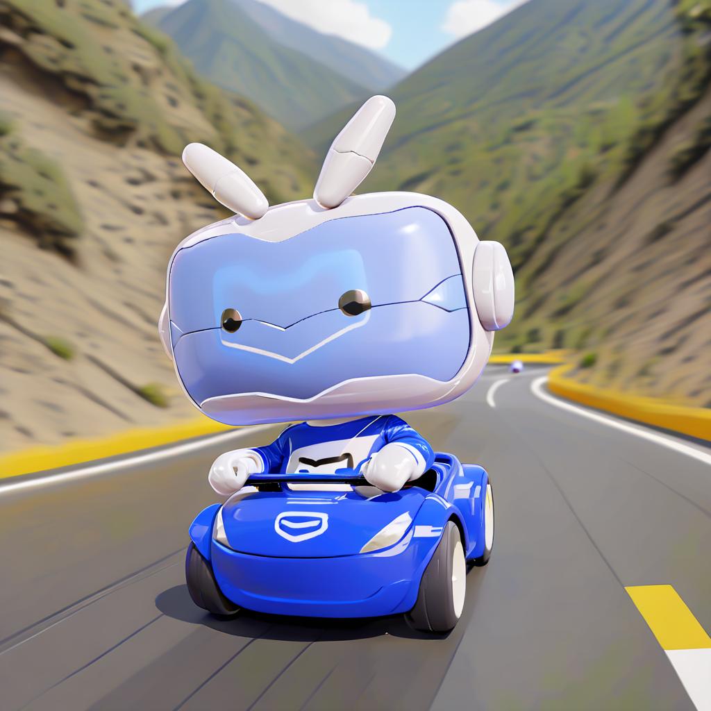  anxiaozhi,a cute white robot with white mask wears racing uniform,(drive a racing cartoon blue car:1.5),On the winding mountain road.