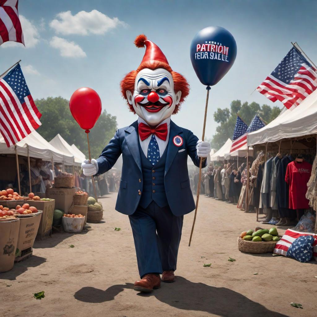  A creative image representing the theme of 'patriotism for sale' with elements such as a character named Jack, an Avocado Festival, a homeless clown puppet to resemble Jack Black, a bumbling President Biden, and the devil. The image should convey the idea of compromised integrity and satire. hyperrealistic, full body, detailed clothing, highly detailed, cinematic lighting, stunningly beautiful, intricate, sharp focus, f/1. 8, 85mm, (centered image composition), (professionally color graded), ((bright soft diffused light)), volumetric fog, trending on instagram, trending on tumblr, HDR 4K, 8K