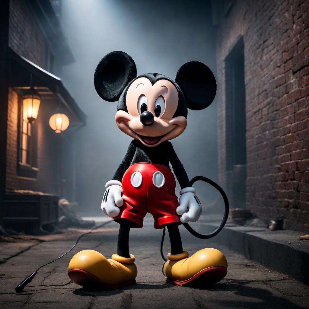  Goofy murdering Mickey Mouse in a dark, dramatic scene with intense expressions, and shadows highlighting the conflict. hyperrealistic, full body, detailed clothing, highly detailed, cinematic lighting, stunningly beautiful, intricate, sharp focus, f/1. 8, 85mm, (centered image composition), (professionally color graded), ((bright soft diffused light)), volumetric fog, trending on instagram, trending on tumblr, HDR 4K, 8K