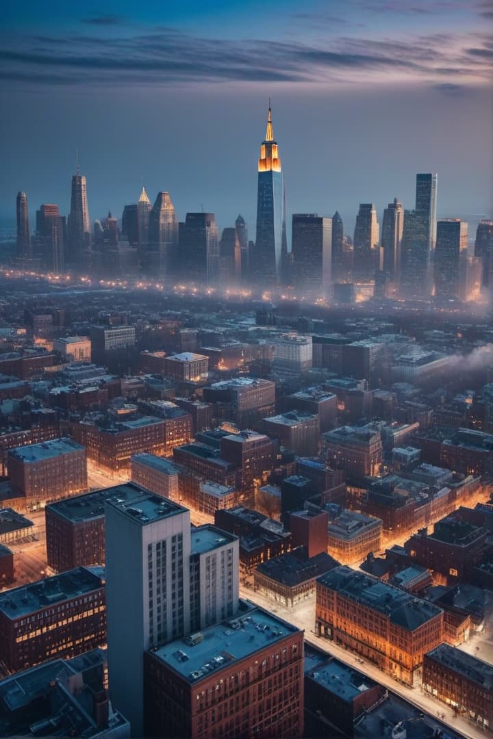  An aerial view of an Edward Hopper style photograph of a city skyline. hyperrealistic, full body, detailed clothing, highly detailed, cinematic lighting, stunningly beautiful, intricate, sharp focus, f/1. 8, 85mm, (centered image composition), (professionally color graded), ((bright soft diffused light)), volumetric fog, trending on instagram, trending on tumblr, HDR 4K, 8K