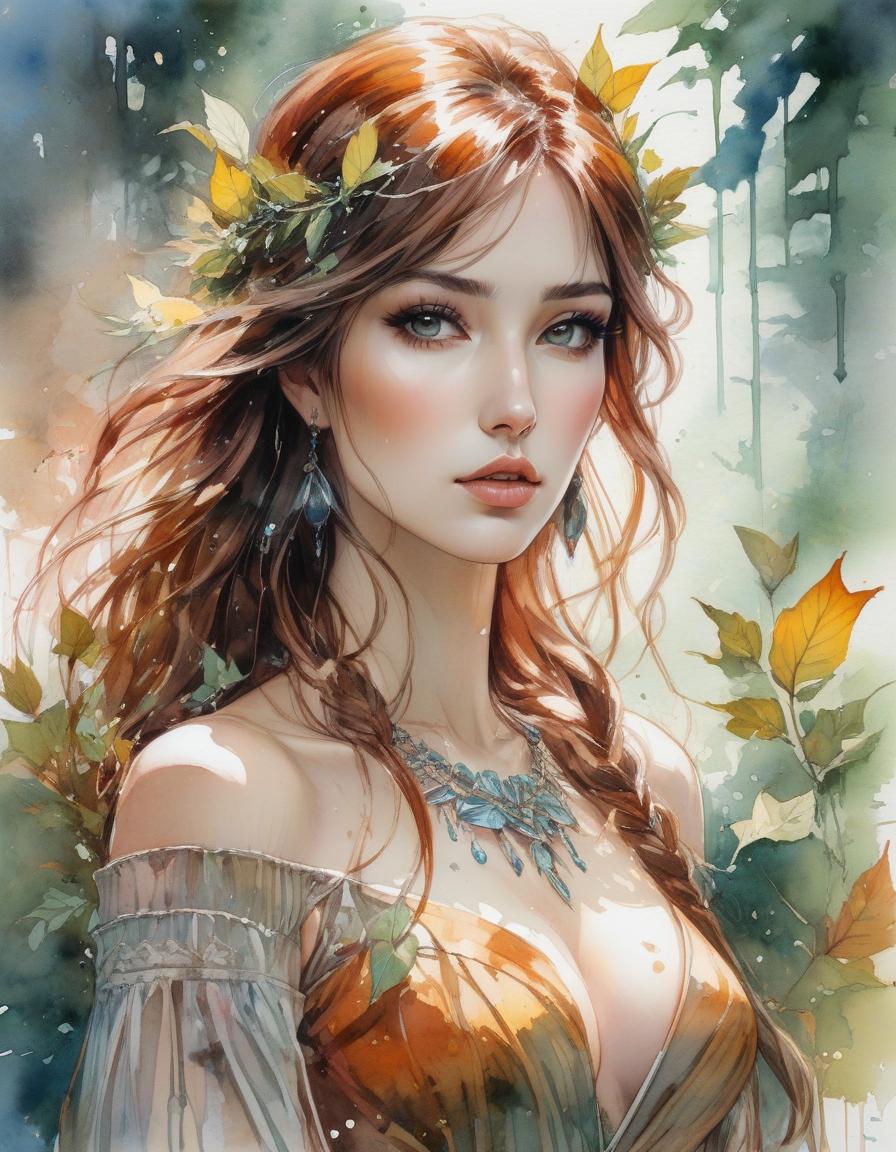  A watercolor illustration of a woman with flowing hair adorned with leaves, gazing intently, with splashes of color around her. by Albert Robida and Alice Pasquini and Luis Royo, watercolour masterpiece, l Digital watercolor Illustration Waterhouse, Carne Griffiths, Minjae Lee, Ana Paula Hoppe, Stylized watercolor art, Intricate, Complex contrast, HDR, Sharp, soft Cinematic Volumetric lighting, seasonal colors, perfect wide long shot visual masterpiece hyperrealistic, full body, detailed clothing, highly detailed, cinematic lighting, stunningly beautiful, intricate, sharp focus, f/1. 8, 85mm, (centered image composition), (professionally color graded), ((bright soft diffused light)), volumetric fog, trending on instagram, trending on tumblr, HDR 4K, 8K