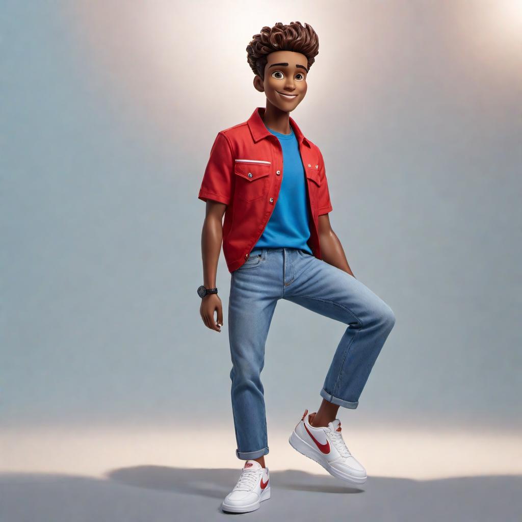  A cartoon character of a boy wearing blue jeans and a red collared T-shirt with wavy dirty hair and white Nike sneakers. Style: Colorful cartoon, vint colors, and exaggerated features. Pose: Energetic and friendly, standing with a slight smile. hyperrealistic, full body, detailed clothing, highly detailed, cinematic lighting, stunningly beautiful, intricate, sharp focus, f/1. 8, 85mm, (centered image composition), (professionally color graded), ((bright soft diffused light)), volumetric fog, trending on instagram, trending on tumblr, HDR 4K, 8K