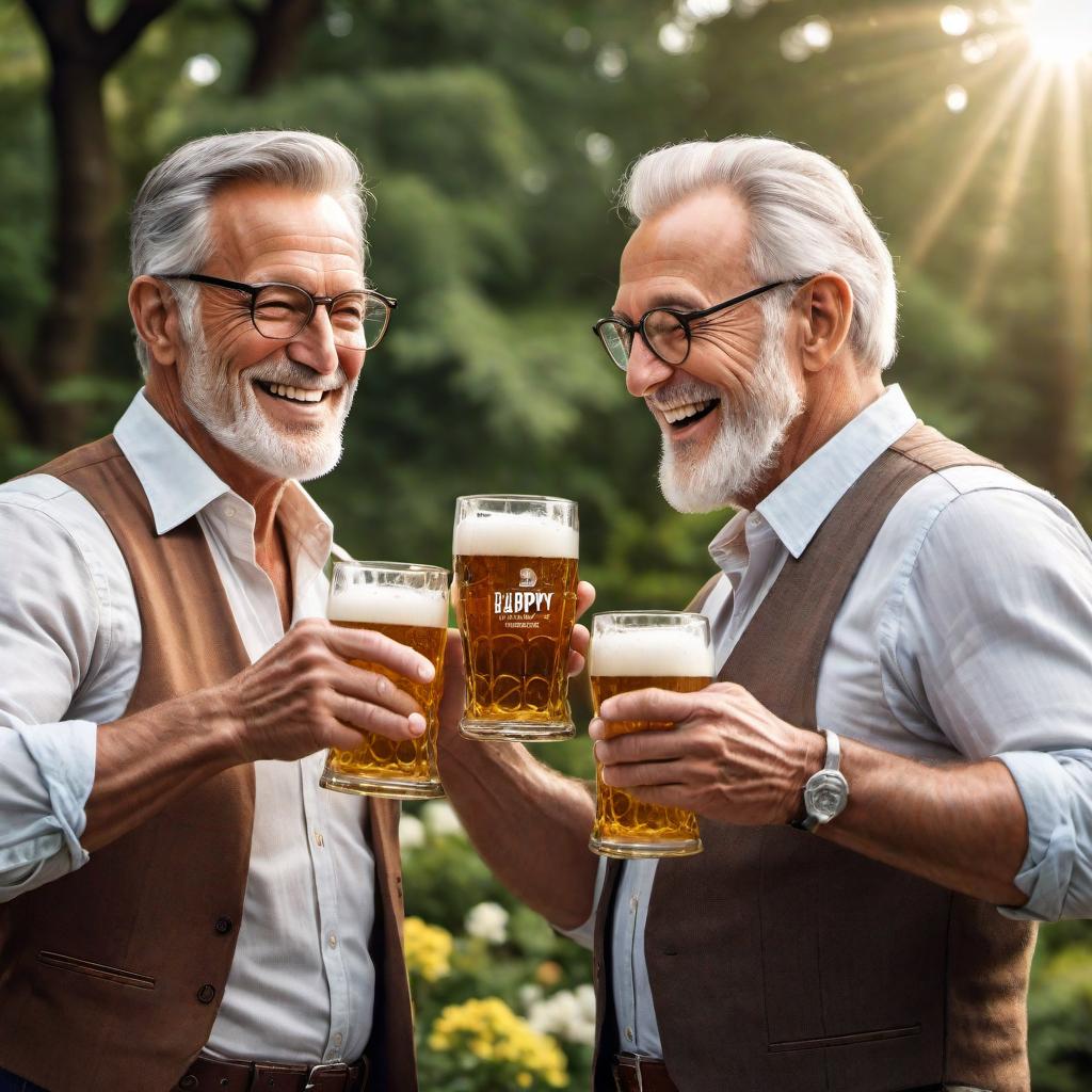  An illustration of two older men toasting with beer mugs, happily saying 'Happy Father's Day' to each other. They should be outside on a sunny day, perhaps in a backyard or garden setting, with warm smiles and a cheerful atmosphere. The text 'Happy Father's Day' should be visibly included in the image. hyperrealistic, full body, detailed clothing, highly detailed, cinematic lighting, stunningly beautiful, intricate, sharp focus, f/1. 8, 85mm, (centered image composition), (professionally color graded), ((bright soft diffused light)), volumetric fog, trending on instagram, trending on tumblr, HDR 4K, 8K