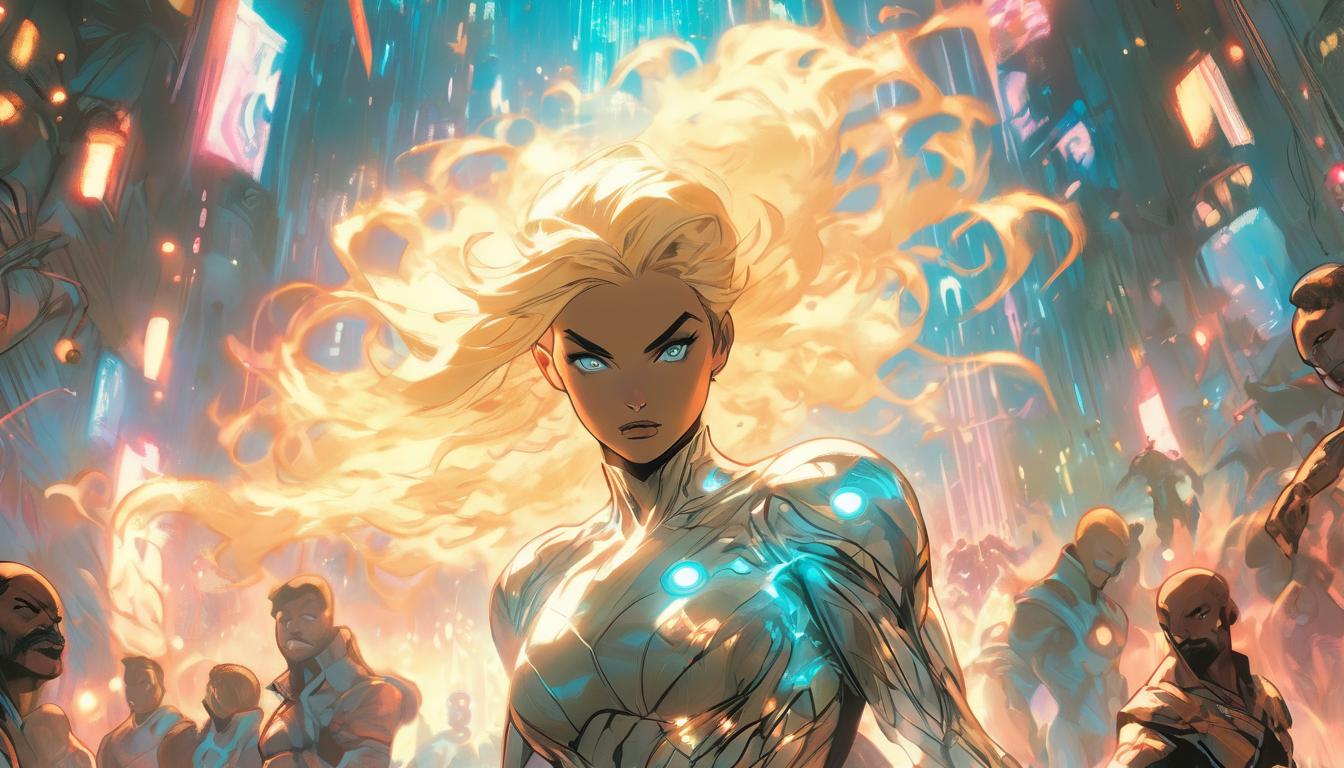  hyperrealism,fantasy aesthetic1woman, large busted attractive blonde arian female humanoid, standing before a crowd, cosmic energy flowing around her, ethereal glow, high tech clothing clad in sleek, futuristic costume with metallic accents and form fitting designs, marvel superhero comics style, unreal engine rendering