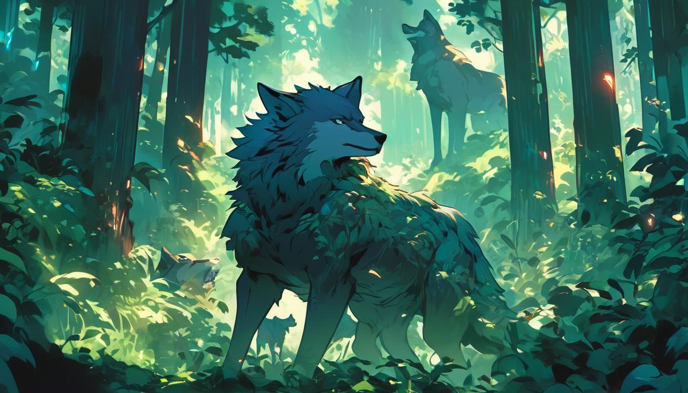  hyperrealism,fantasy aestheticA wolf in a dense forest, surrounded by a few other animals that look up to it, detailed, lush greenery, atmosphere of camaraderie, selective company, high tech clothing clad in sleek, futuristic costume with metallic accents and form fitting designs, marvel superhero comics style, unreal engine rendering