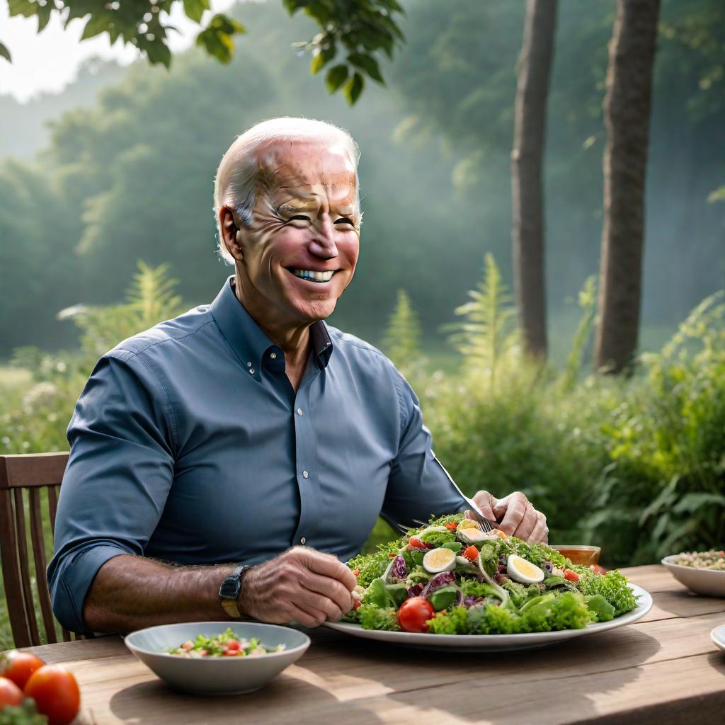  Create an image of Joe Biden enjoying a healthy salad in a peaceful, outdoor setting. Show him smiling and looking content while eating the salad. hyperrealistic, full body, detailed clothing, highly detailed, cinematic lighting, stunningly beautiful, intricate, sharp focus, f/1. 8, 85mm, (centered image composition), (professionally color graded), ((bright soft diffused light)), volumetric fog, trending on instagram, trending on tumblr, HDR 4K, 8K