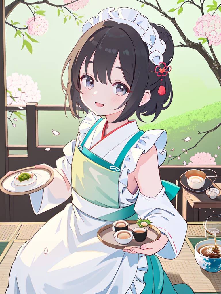  Japanese Painting Style, FRILL APRON, BARE SHOULDER, CARRY A TRAY, HAPPY SMILE, Japanese Cafe, Best Quality: 1.4, ULTRA DETALED EXTURE, Raw PhotOREALISTIC, Absurd Resolution, 8k Illustration, 💩, 💩, 💩, 💩, 💩, 💩,, masterpiece, best quality,8k,ultra detailed,high resolution,an extremely delicate and beautiful,hyper detail