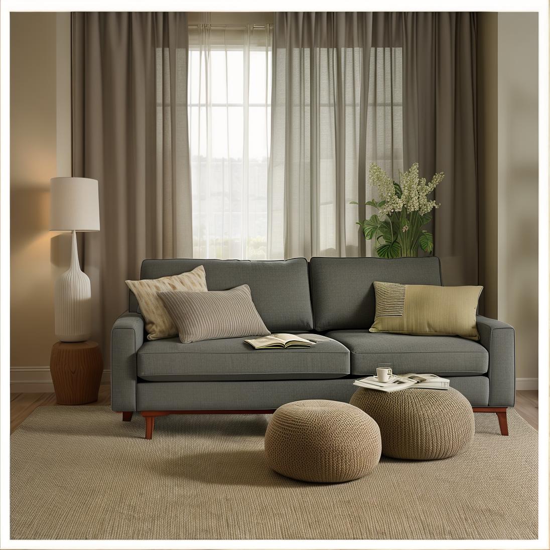  realistic image, tv, modern, modernity, a living room with a gray couch and pillows, main colour black, tilt shift mirror background, fine image on the store website, grey and dark theme, ikea catalogue, tapestry, rounded lines, sand 8k, colored walls, sliding glass windows, unique design,full HD, fabrics textiles