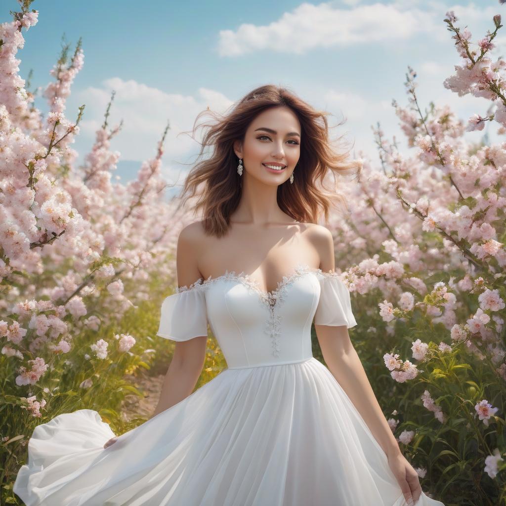  (Masterpiece, acrylic painting: 1.5). Best quality, ultra high res, (photorealistic:1.4), raw photo, 1girl, white dress, off shoulder, blossom flower field, glowing skin, light smile, PERFECTEYES hyperrealistic, full body, detailed clothing, highly detailed, cinematic lighting, stunningly beautiful, intricate, sharp focus, f/1. 8, 85mm, (centered image composition), (professionally color graded), ((bright soft diffused light)), volumetric fog, trending on instagram, trending on tumblr, HDR 4K, 8K