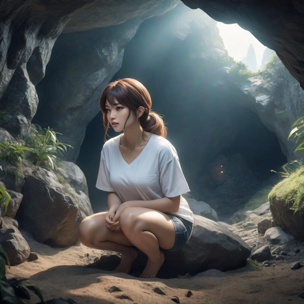  In comic style , a woman in a white shirt squats and makes a small cave map for the island hyperrealistic, full body, detailed clothing, highly detailed, cinematic lighting, stunningly beautiful, intricate, sharp focus, f/1. 8, 85mm, (centered image composition), (professionally color graded), ((bright soft diffused light)), volumetric fog, trending on instagram, trending on tumblr, HDR 4K, 8K