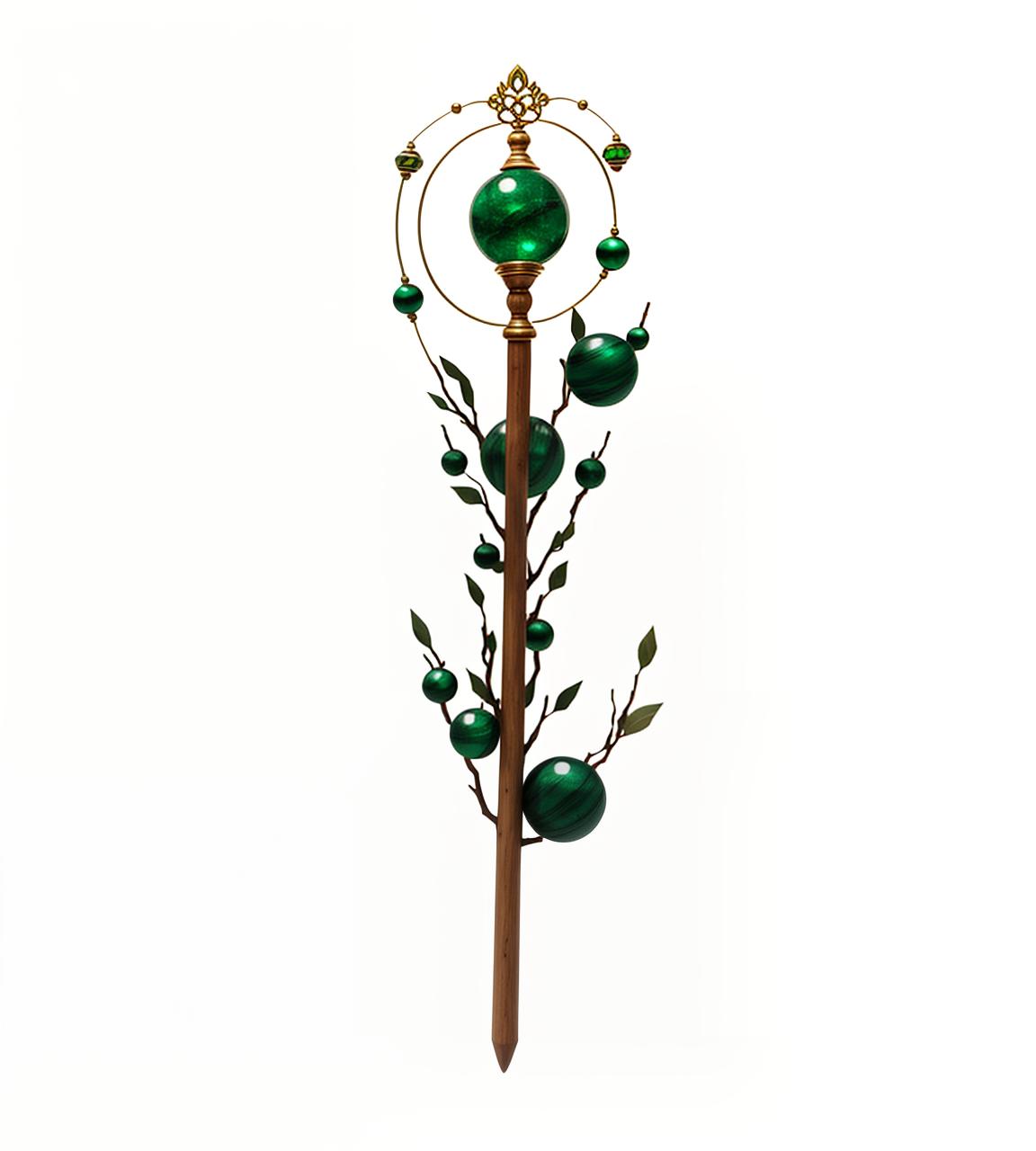  wooden staff with emerald orbs orbiting the tip