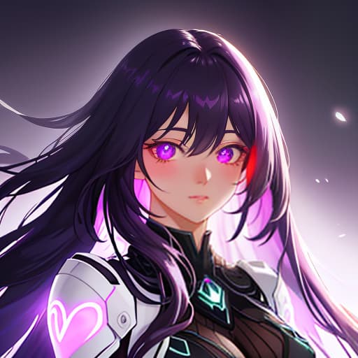  a close up of a person with long hair, purple glowing eyes, cute anime girl portraits, (aesthetics), —n 9, several hearts, blushing, well edited, staring at viewer, neonpunk, cute:2, dark hair, cute boys, poofy hyperrealistic, full body, detailed clothing, highly detailed, cinematic lighting, stunningly beautiful, intricate, sharp focus, f/1. 8, 85mm, (centered image composition), (professionally color graded), ((bright soft diffused light)), volumetric fog, trending on instagram, trending on tumblr, HDR 4K, 8K