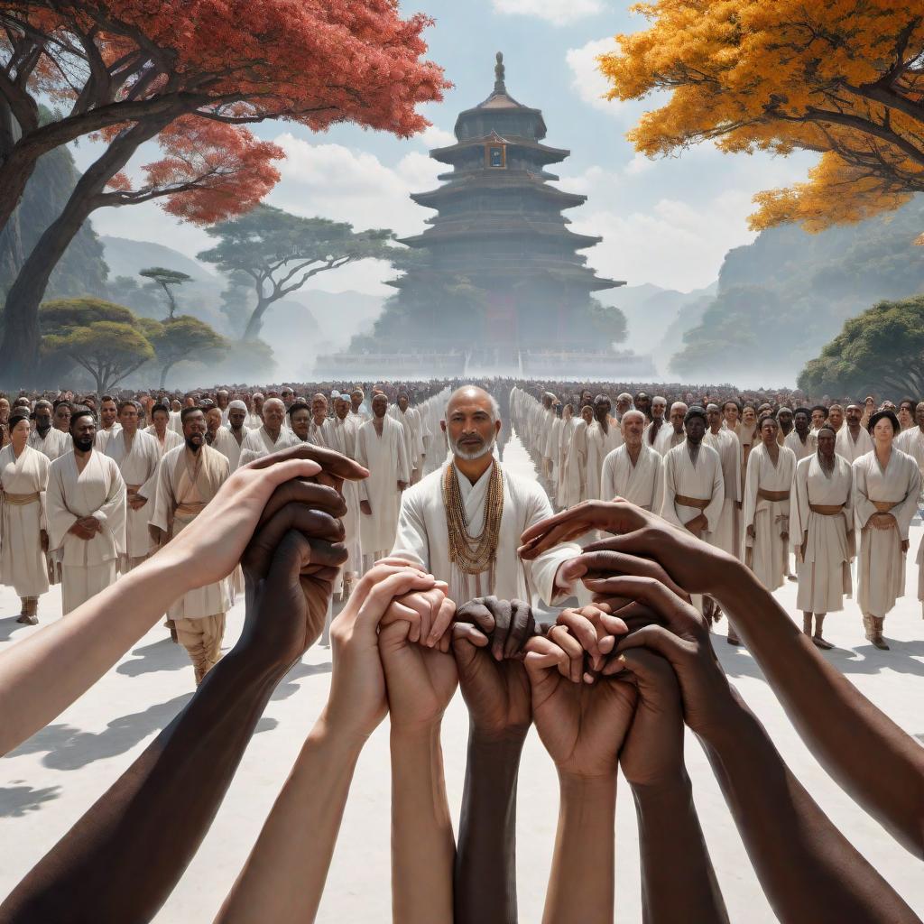  A striking image where people of diverse nationalities—white, black, Chinese, Japanese, Indian, and African—are gathered in unity, standing together and holding hands earnestly for global peace. The background features a fusion of countries from around the world, representing humanity's shared journey towards harmony. The scene should emphasize diversity, unity, and peace. hyperrealistic, full body, detailed clothing, highly detailed, cinematic lighting, stunningly beautiful, intricate, sharp focus, f/1. 8, 85mm, (centered image composition), (professionally color graded), ((bright soft diffused light)), volumetric fog, trending on instagram, trending on tumblr, HDR 4K, 8K