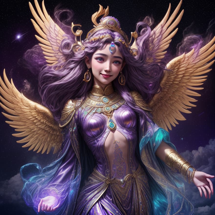  one goddees, 1 character, from sky, from heaven, A hyper realistic opal statue of Greek goddesses of dreams ((Oneiros)) Athena with colourful, peace god, Korean skin, smiling cute and kind, on the purple clouds, magic lights falling from wings, three quoter view, pretty French face, sharp detailed, purple and gold clothes, dark purple hair, metallic carvings purple, Sparkling Golden Particles Trail Stars Glittering particle effect, dark purple background, Hyperdetailed photorealism, 108 megapixels, purple amazing depth, an Athena temple behind clouds, glowing rich colors, powerful imagery, psychedelic, cinematic lighting, Artstation concept art, smooth, sharp focus, illustration, art by John Collier and 8k, an epic fantasy, Digital art. H