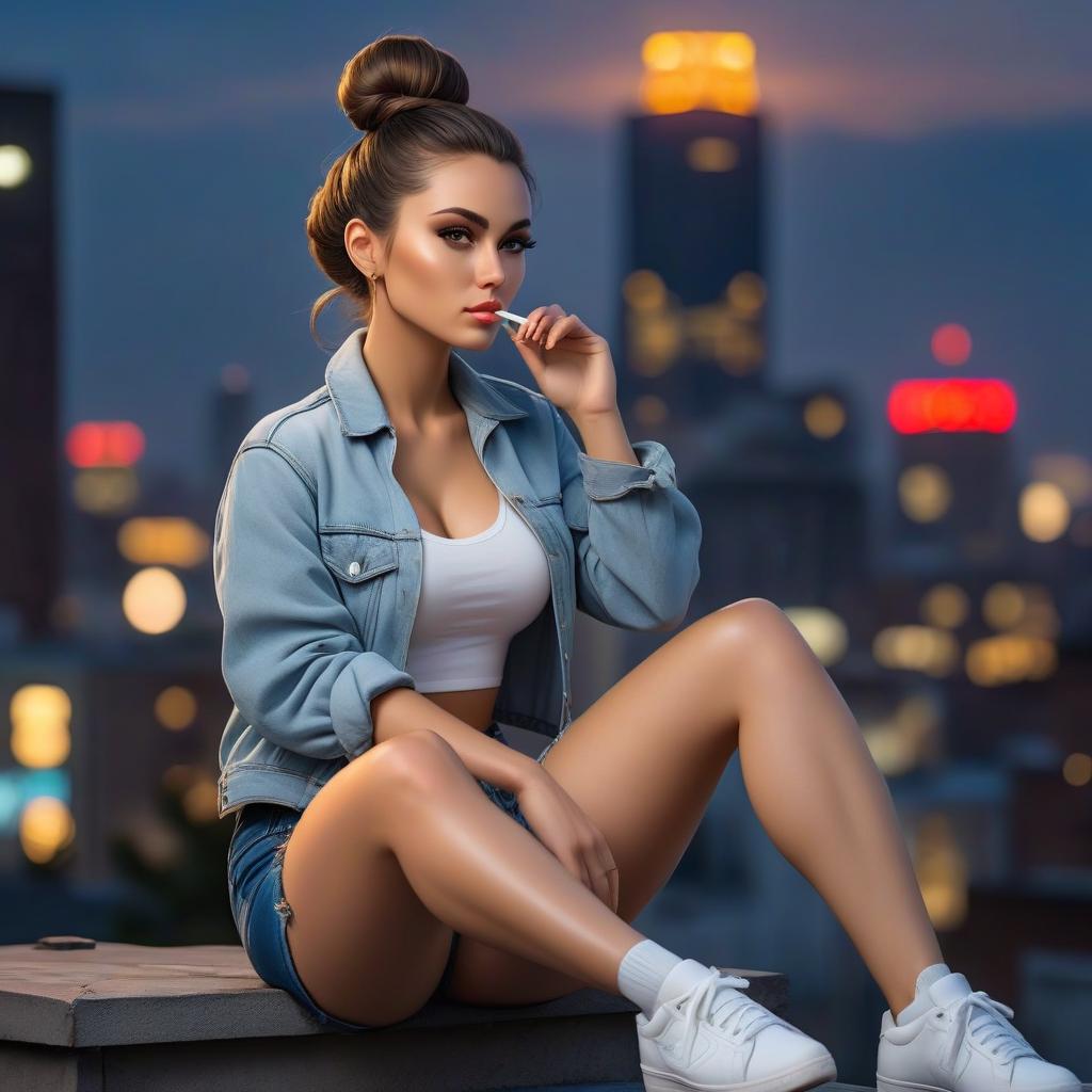  A girl sits on the roof against the backdrop of a night city, hair in a bun, dark hair, holding a cigarette, wearing denim shorts, and white sneakers, profile view. hyperrealistic, full body, detailed clothing, highly detailed, cinematic lighting, stunningly beautiful, intricate, sharp focus, f/1. 8, 85mm, (centered image composition), (professionally color graded), ((bright soft diffused light)), volumetric fog, trending on instagram, trending on tumblr, HDR 4K, 8K