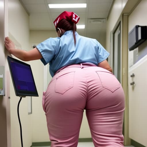  Nurse with big butt in tight trousers working in hospital.