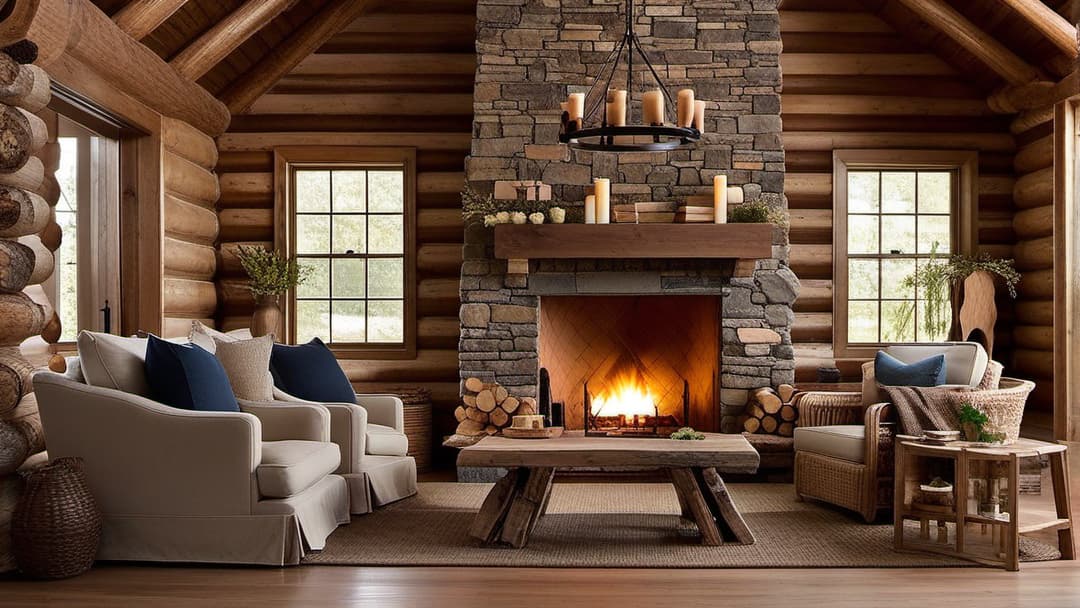  Handcrafted wooden furniture, rustic log cabin interior, warm and cozy ambiance, natural materials, vintage touch, wooden chairs, rustic tables, handmade decorations, fireplace with traditional mantel, soft lighting, textured wooden walls