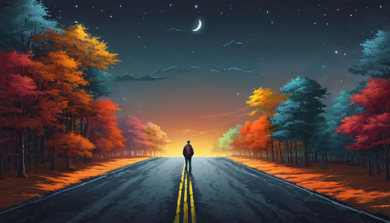  digital illustration, 1man, standing at a fork in the road, one path is bright and inviting, the other path is dark and uncertain, man is dressed casually, looking thoughtful, crossroads, choices, contemplation, bright warm colors, dark cold colors, looking at viewer, dynamic pose, (intricate details, masterpiece, best quality)