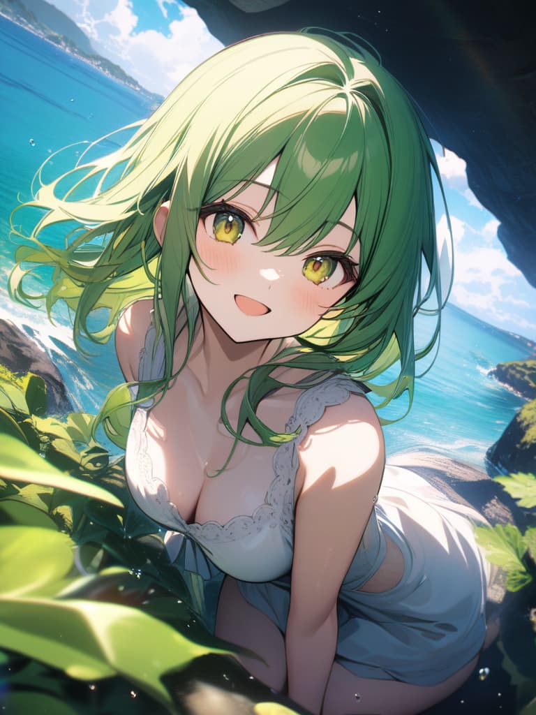  Cute, , big eyes, smiles, smile, yellow green hair color, yellow green eyes, sea, beautiful scenery, water splash, , , stomach, kiwi eat, masterpiece, best quality,8k,ultra detailed,high resolution,an extremely delicate and beautiful,hyper detail